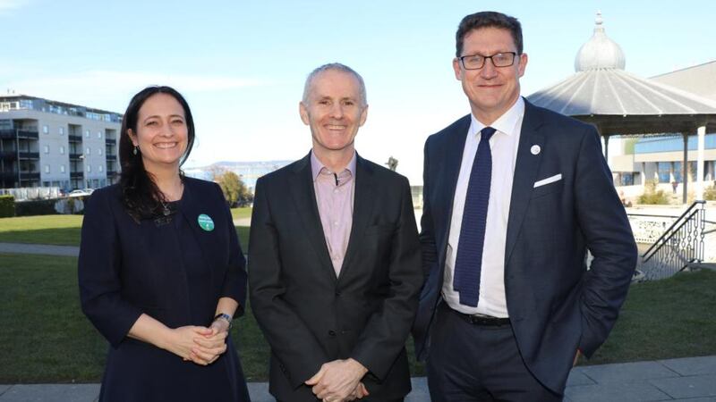 Green Party deputy leader Catherine Martin, former minister Councillor Ciaran Cuffe and party leader Eamon Ryan pictured in Dun Laoghaire, Co Dublin. Photograph: Green Party/Twitter