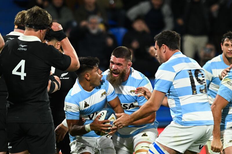 Gonzalo Garcia of Argentina celebrates with team-mate Marcos Kremer after scoring a try during the Rugby Championship match against New Zeland at Jose Amalfitani Stadium in Buenos Aires. Photograph: Rodrigo Valle/Getty Images