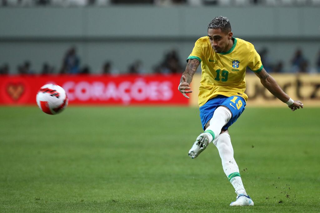 Raphinha in action for Brazil earlier this month, Chelsea, Arsenal and Barcelona are all keen on signing him this summer. Photograph: Chung Sung-Jun/Getty Images