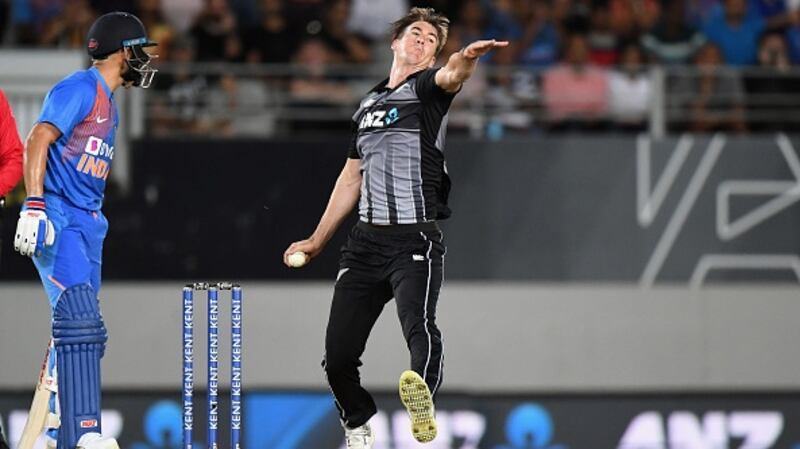 Blair Tickner, bowling here against India in 2020, saw his work with Malan catapult him into international honours. Photograph: Kai Schwoerer/Getty Images