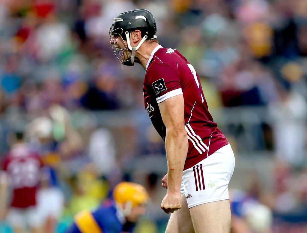 Galway’s Joseph Cooney celebrates at the final whistle. Photograph: James Crombie/Inpho
