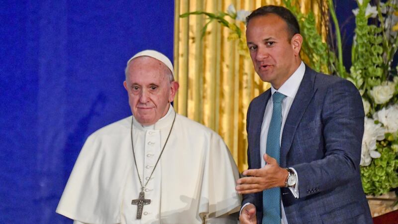Pope Francis meets Taoiseach Leo Varadkar at the Dublin Castle on Saturday. Photograph: EPA