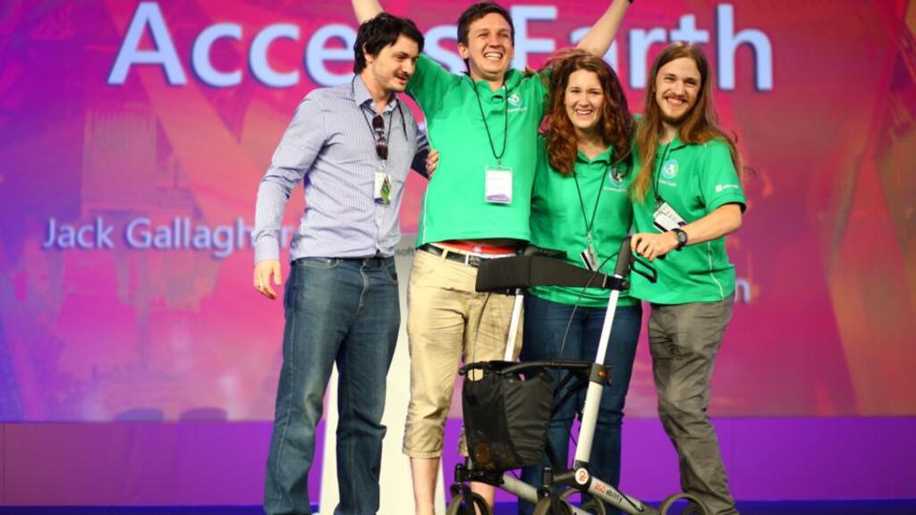The team from NUI Maynooth, who secured third place in the world citizenship cetegory at the world finals of the Microsoft Imagine Cup in Seatle for their AccessEarth app, which provides up-to-date, reliable data on the accessibility of buildings all over the world for those with impaired mobility: (from left): team mentor Donal McClean, Jack Gallagher, KC Grant and Matthew Mc Cann. Photograph: Jordan Stead