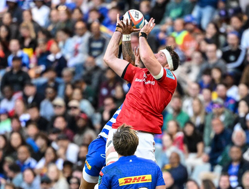 Munster's Tom Ahern competes in a lineout during the BKT URC game at DHL Stadium in Cape Town. Photograph: Thinus Maritz/Inpho/Steve Haag Sports