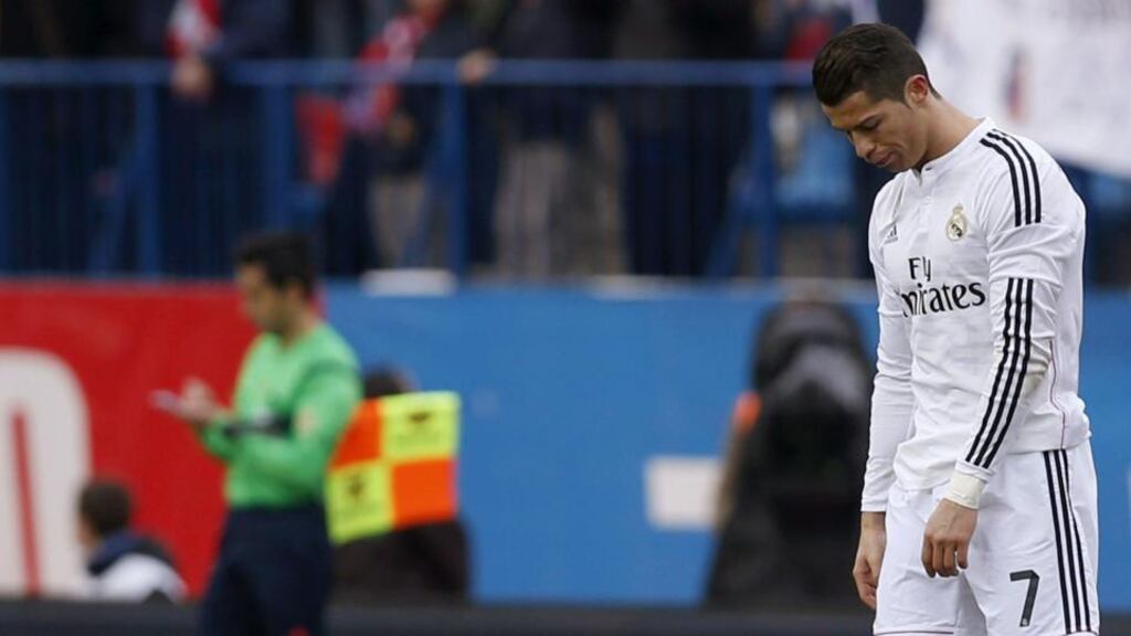 Real Madrid’s Portuguese striker Cristiano Ronaldo held his birthday party after 4-0 loss against Atletico Madrid during their Spanish Primera Division league soccer match. Photograph: Javier Lizon/EPA