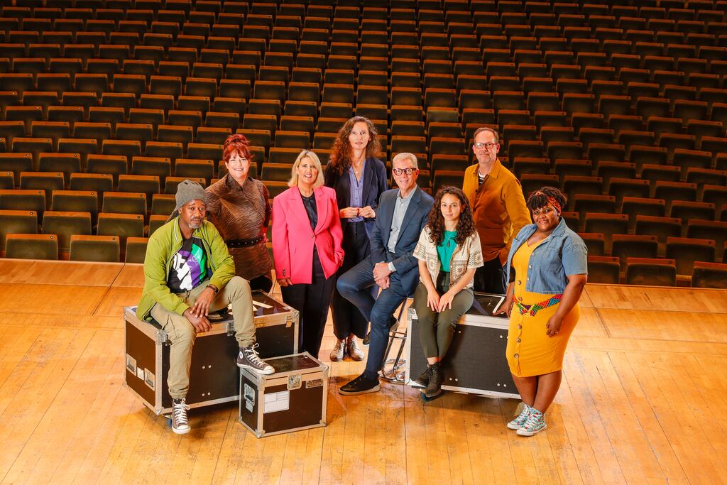 Celebrating winning partnerships at the Business to Arts Awards 2023 were: Sanctuary resident artist Jerome Jefferson Kiyemba; Business to Arts CEO Louise O’Reilly; KPMG head of corporate citizenship Karina Howley; Arts Council director Maureen Kennelly; James Lennertz, MD Biomarin; Sanctuary resident artist Catarina Araújo; National Concert Hall CEO Robert Read; and Sanctuary resident artist Neo Gilson. Photograph: Conor McCabe Photography