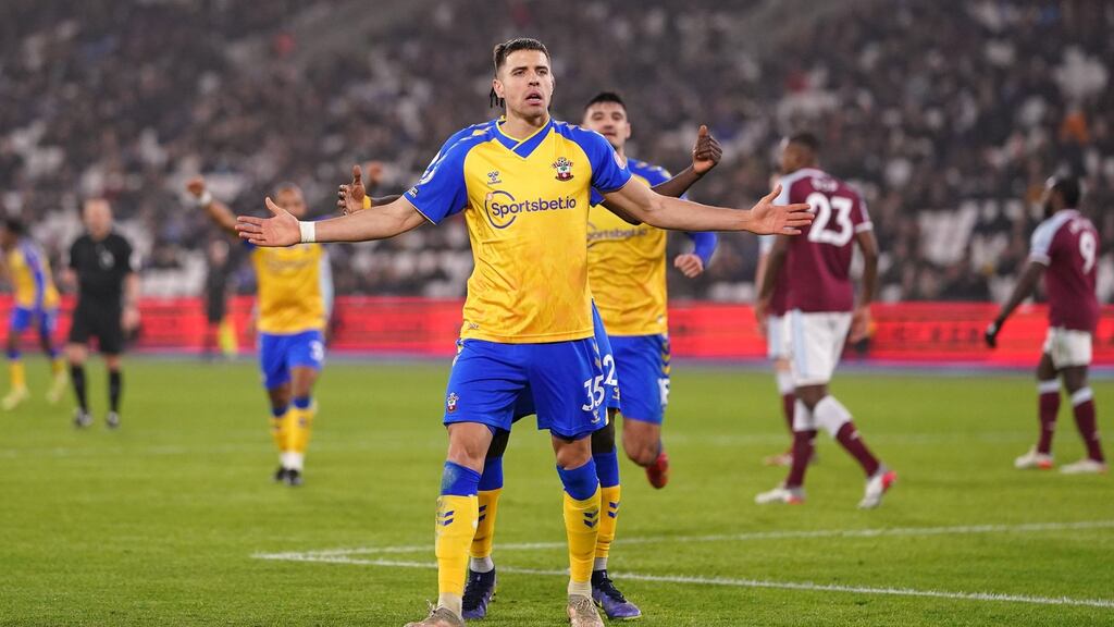 Southampton’s Jan Bednarek after scoring the winning goal at the London Stadium. Photograph: Adam Davy/PA