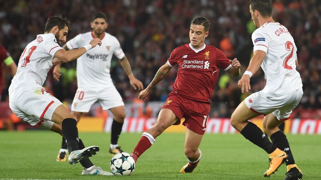 Philippe Coutinho returned to action in Liverpool’s Champions League match  against Sevilla and is expected to start against Burnley this weekend. Photograph: Paul Ellis/AFP/Getty Images