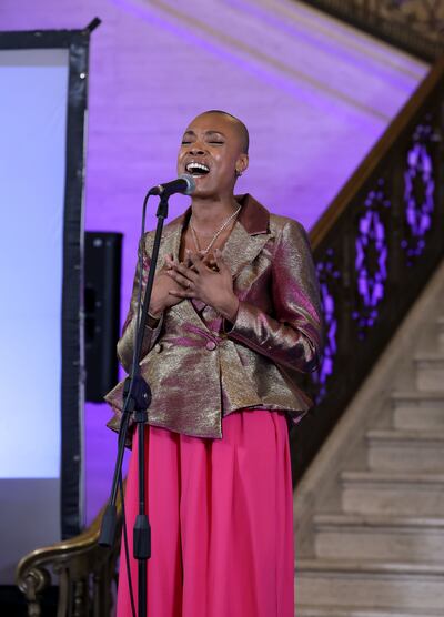 Dana Masters performs during the ceremony to celebrate the 25th anniversary of the Belfast Agreement in the Great Hall at Stormont. Photograph: William Cherry/Presseye/PA