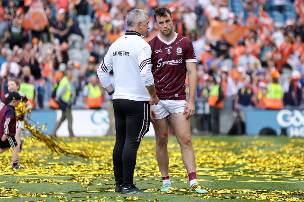 Galway manager Pádraic Joyce and Paul Conroy after the defeat to Armagh at Croke Park. Photograph: Laszlo Geczo/Inpho