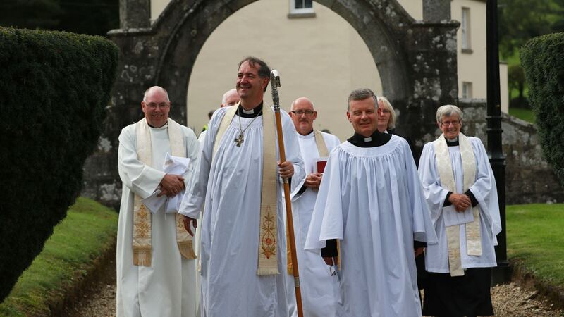 Former Green Party leader Trevor Sargent (right) with Bishop of Cashel, Ferns and Ossory Michael Burrows, before the ordination ceremony at Shillelagh Parish Church, Shillelagh, Co Wicklow. Photograph: Nick Bradshaw