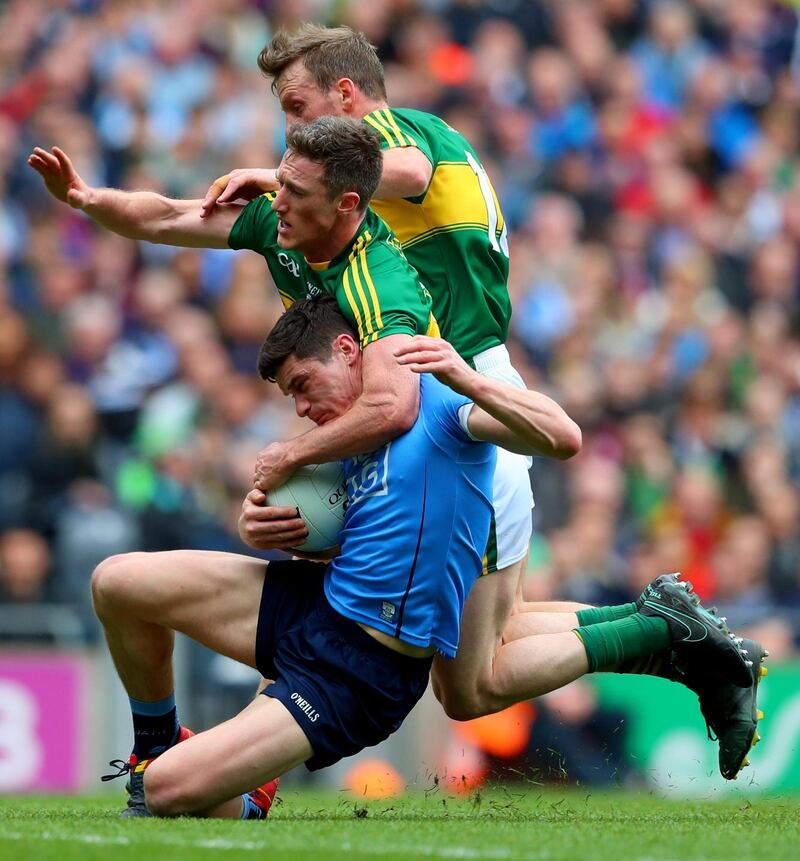 Kerry’s Jonathan Lyne and Donnchadh Walsh tackle Diarmuid Connolly of Dublin in last April’s Allianz Football League Division 1 Final at Croke Park. The tackle resulted in a black card for Lyne. Photograph: James Crombie/Inpho