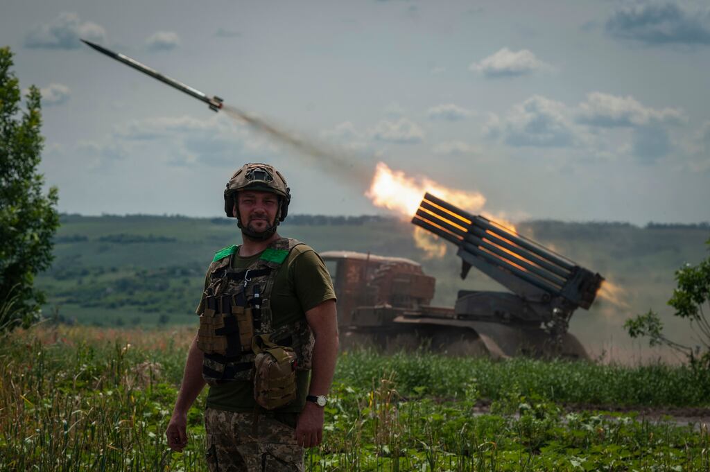 A Ukrainian MSLR BM-21 'Grad' is fired towards Russian positions near Bakhmut at the front line in the Donetsk region, Ukraine. Photograph: Iryna Rybakova via AP