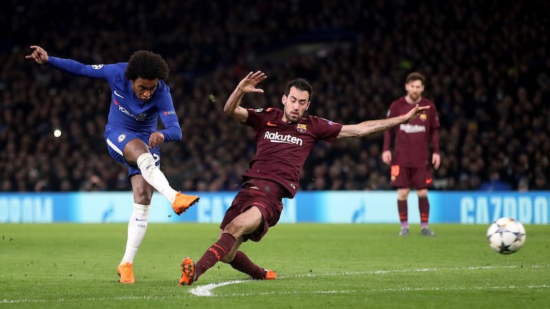 Willian scores the opening goal in the Champions League round of 16 first leg against Barcelona at Stamford Bridge. Photograph: Adam Davy/PA Wire