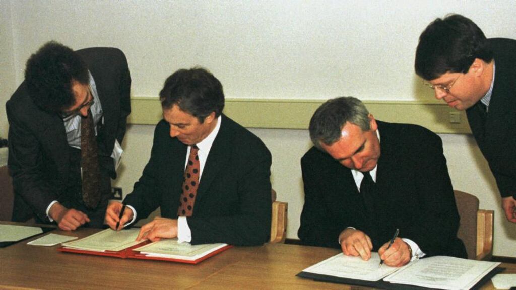 ‘Parties to the Belfast Agreement (1998) were very conscious of the situation of victims.’ Above, British prime minister Tony Blair and taoiseach Bertie Ahern signing the agreement. Photograph: Dan Chung/Reuters