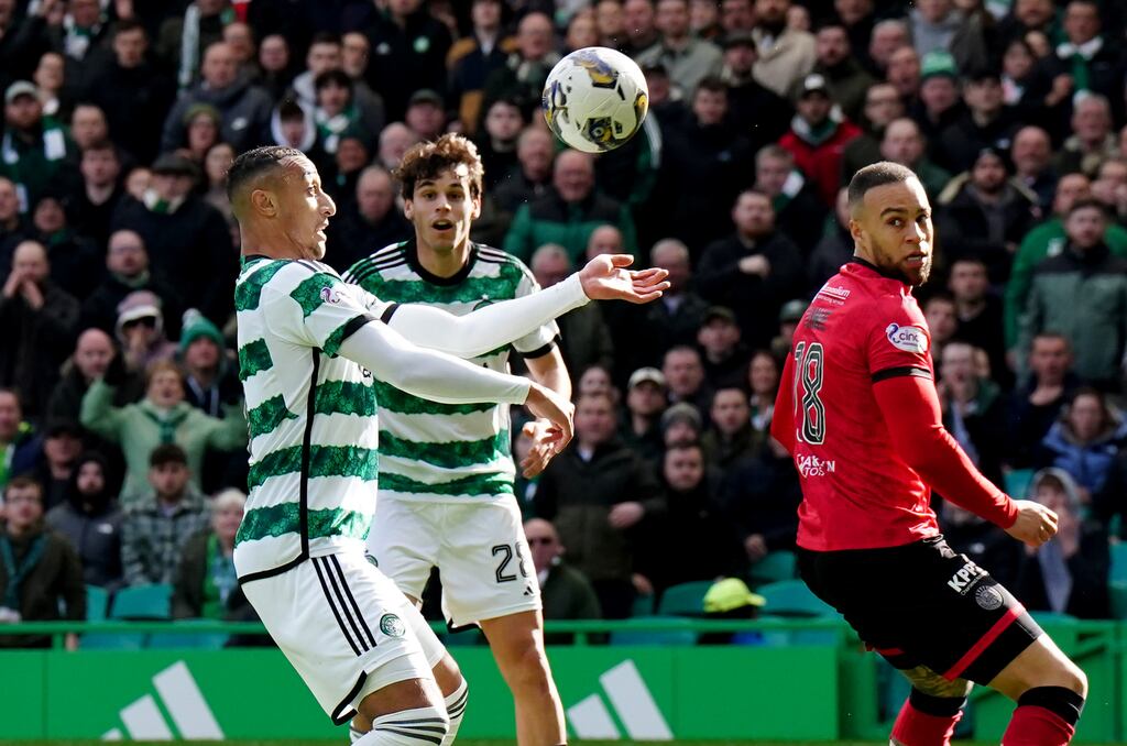 Adam Idah heads gome Celtic's third goal during the Scottish Premiership match against St Mirren at Celtic Park. Photograph: Jane Barlow/PA Wire