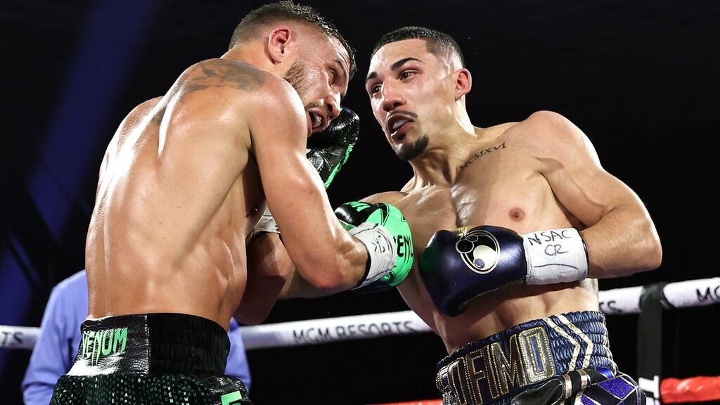Vasiliy Lomachenko was stunned by Teofimo Lopez Jr in Las Vegas. Photograph: Mikey Williams/Getty