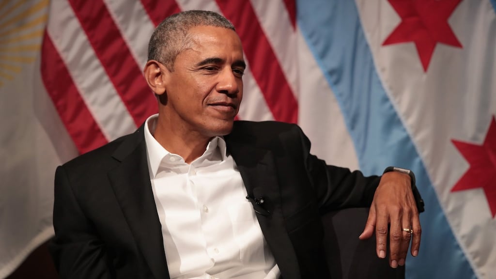 Former US president Barack Obama visiting youth leaders at the University of Chicago on Monday, in his first formal public appearance since leaving office. Photograph: Scott Olson/Getty Images