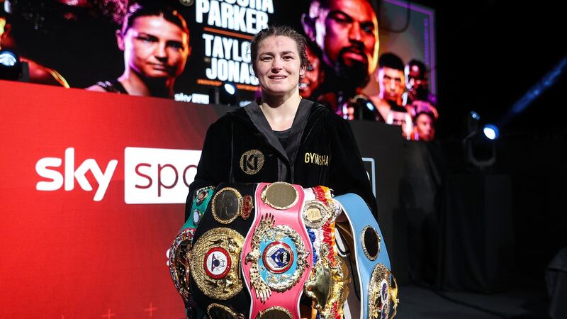 Katie Taylor celebrates her victory over Natasha Jonas on May 1st to retain her WBC, WBA, IBF and WBO titles. Photograph: Dave Thompson/Matchroom Boxing/Inpho