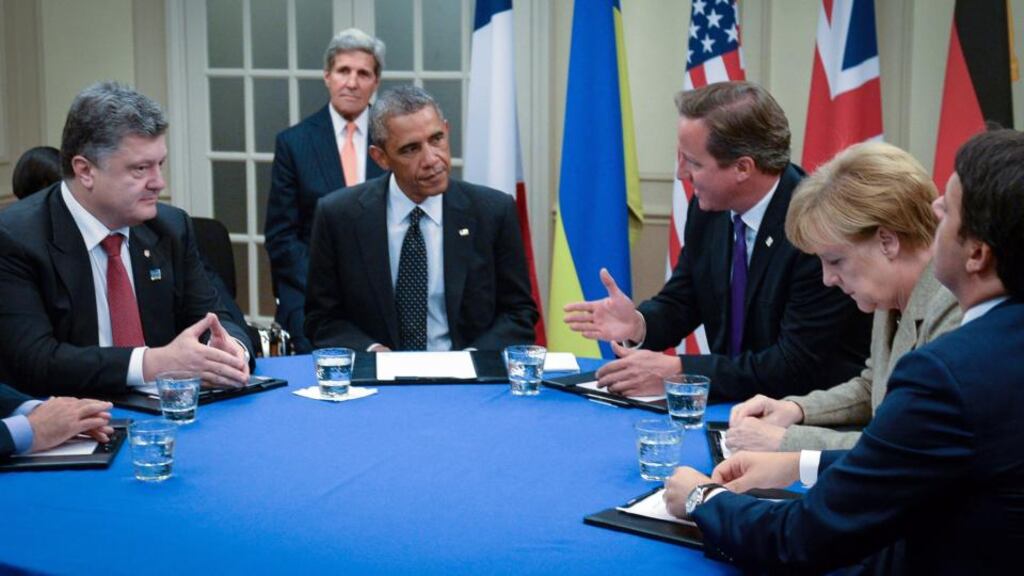British prime minister David Cameron holds a meeting with US president Barack Obama, German chancellor Angela Merkel and Ukrainian president Petro Poroshenko on the first day of this year’s Nato Summit at Celtic Manor in Newport, south Wales. Photograph:  Stefan Rousseau/PA Wire