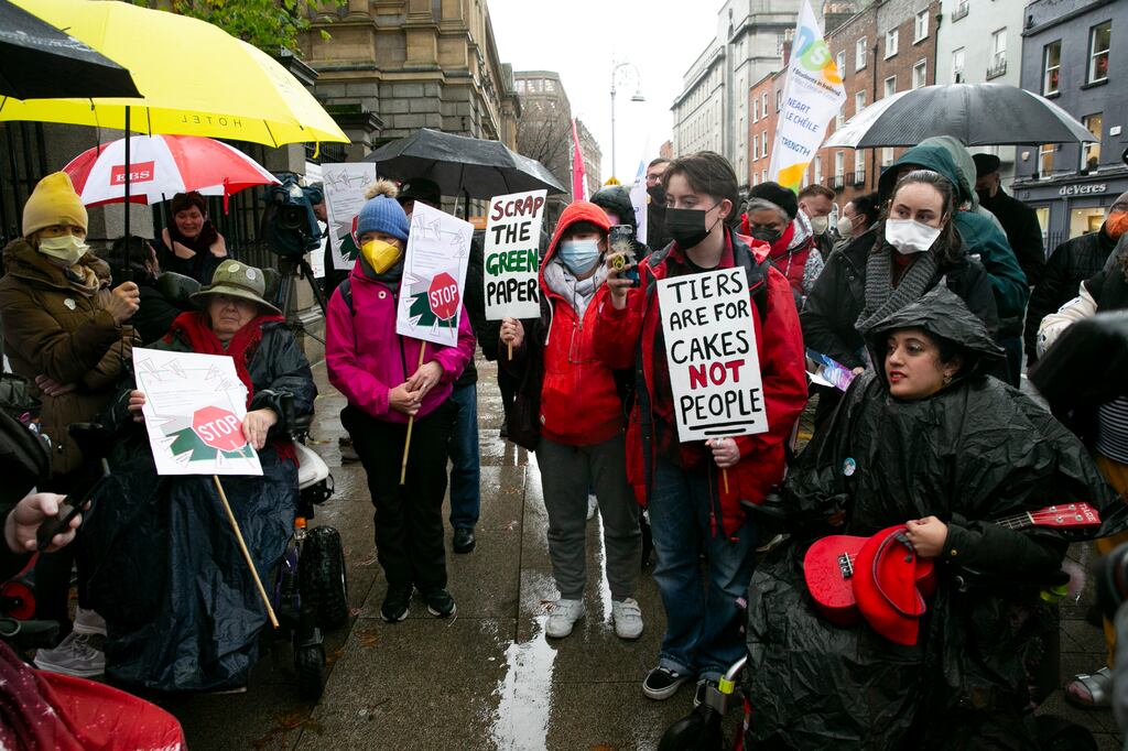 Protesters demonstrate against the introduction of the Government’s Green Paper on disability outside Leinster House on Thursday. Photograph: Gareth Chaney/Collins