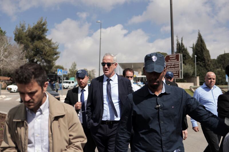 Former defence minister Benny Gantz arriving to join protesters outside the Knesset in Jerusalem. Photograph: Avishag Shaar-Yashuv/The New York Times