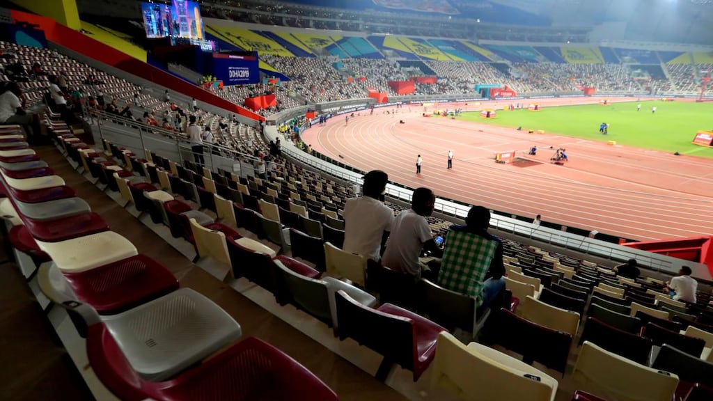A general view of empty seating in the stadium during the Women’s 200 Metres Heats on day four of the IAAF World Championships at The Khalifa International Stadium, Doha, Qatar. Photograph: Mike Egerton/PA