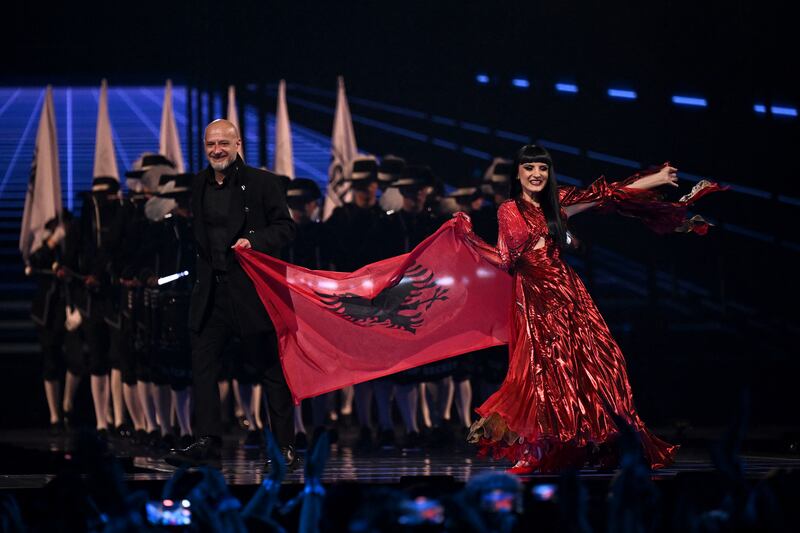 Albanian duo Shkodra Elektronike representing Albania with the song Zjerm during the flag ceremony. Photograph: Getty Images