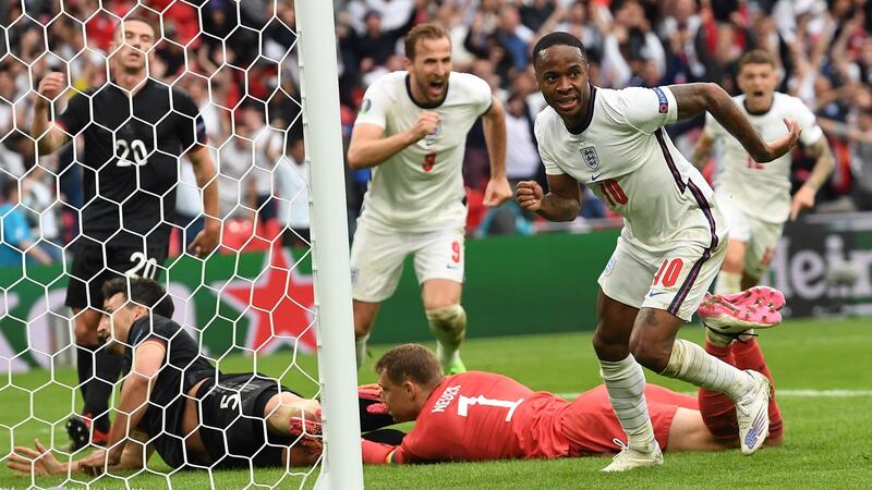 Raheem Sterling celebrates scoring England’s first goal against Germany. Photograph: Andy Rain/EPA