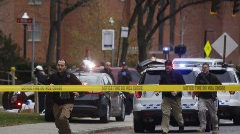 Police respond to reports of an active shooter on campus at Ohio State University on Monday. Photograph: AP