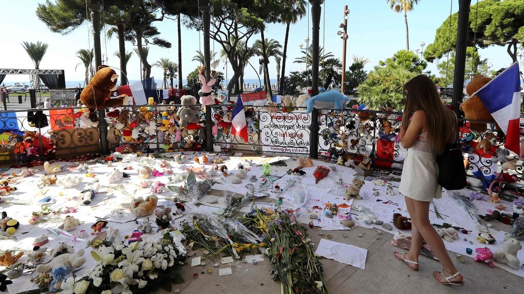 A makeshift memorial in tribute to the victims of the Bastille Day attack in Nice. Photograph: Valery Hache/Getty Images/AFP