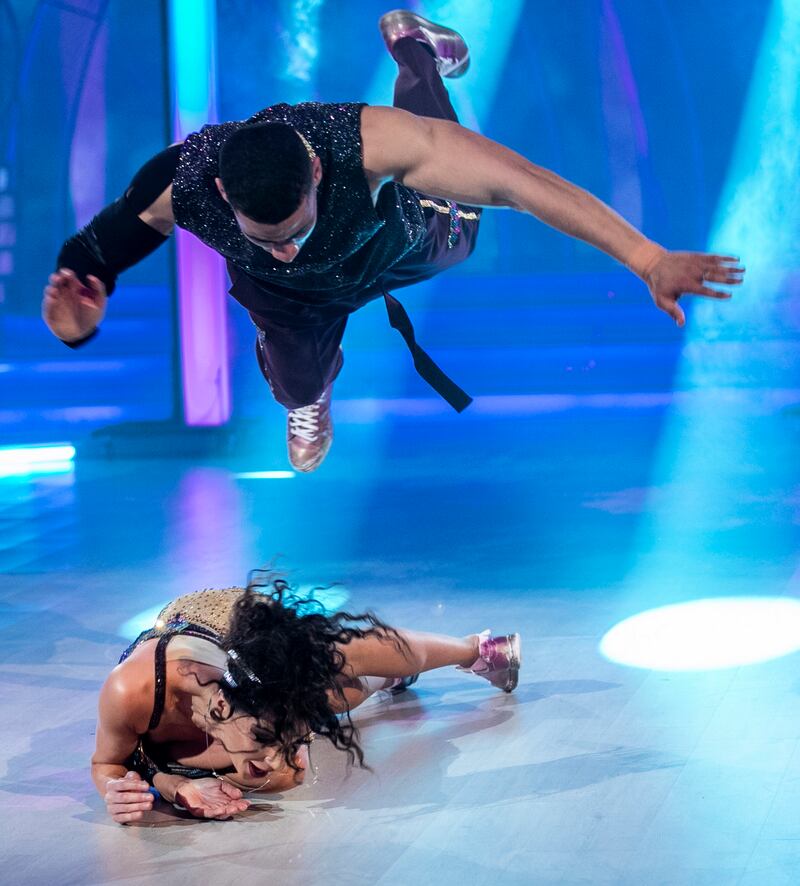 Rugby 7’s Jordan Conroy and Salome Chachua during the Dancing With The Stars live show. Photograph: Kyran O’Brien