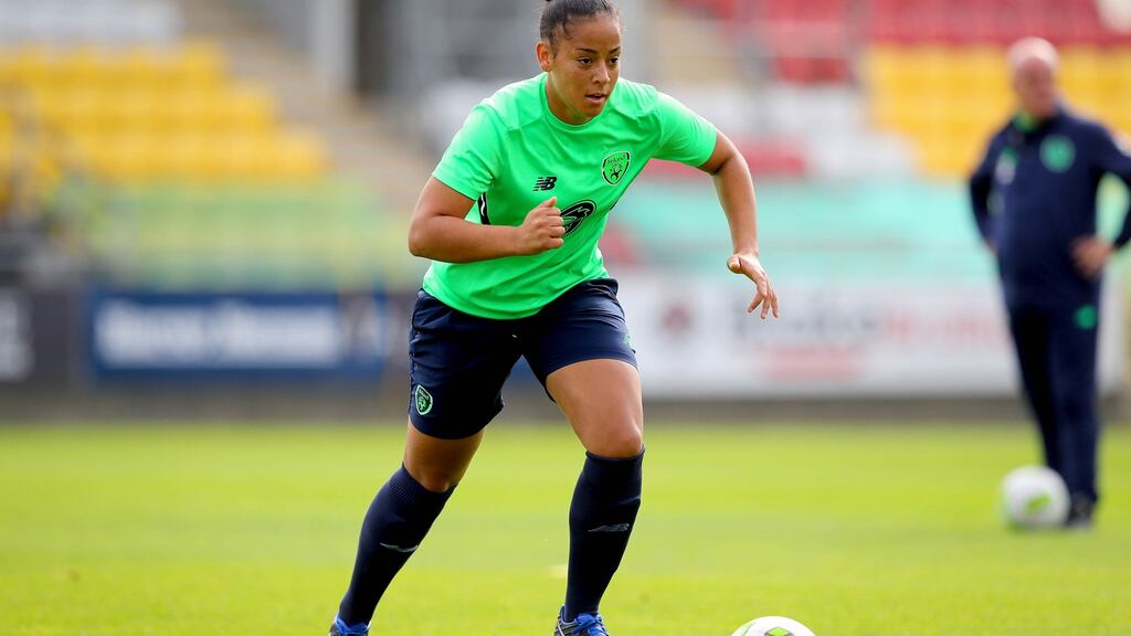 Rianna Jarrett of the Republic of Ireland Women’s squad training at Tallaght Stadium for the clash against Northern Ireland. Photograph: Ryan Byrne/Inpho
