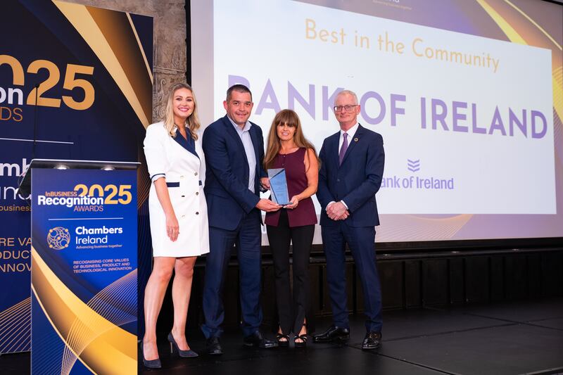 Anna Daly, MC of the awards; Ian Murray, senior manager, social impact at Bank of Ireland; Sharon Woods, sponsorship and events executive at Bank of Ireland; and Ian Talbot, chief executive of Chambers Ireland. Photographer: Ruben Morrissey-Fernandez/Ruby Productions
