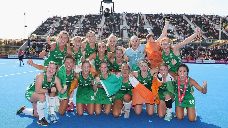 Ireland women celebrate after their World Cup semi-final win over Spain. Photograph: Christopher Lee/Getty