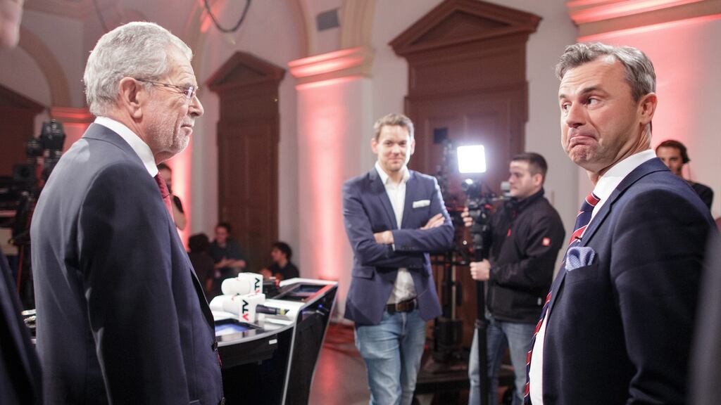 Green candidate Alexander Van der Bellen and Freedom Party candidate Norbert Hofer meet before the debate. Photograph: Lisi Niesner/EPA