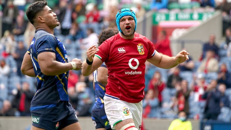 Tadhg Beirne celebrates after scoring the fourth try for the Lions at Murrayfield. Photograph: Andrew Milligan/PA