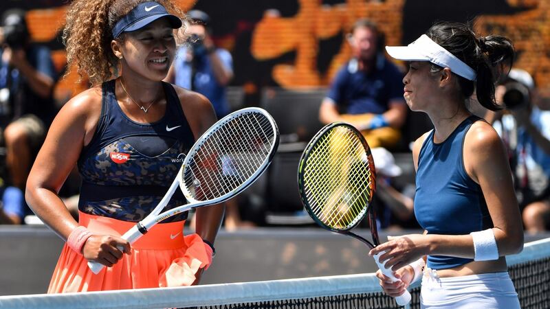 Naomi Osaka with Taiwan’s Hsieh Su-wei after her straight-set victory. Photograph: Paul Crock/Getty/AFP