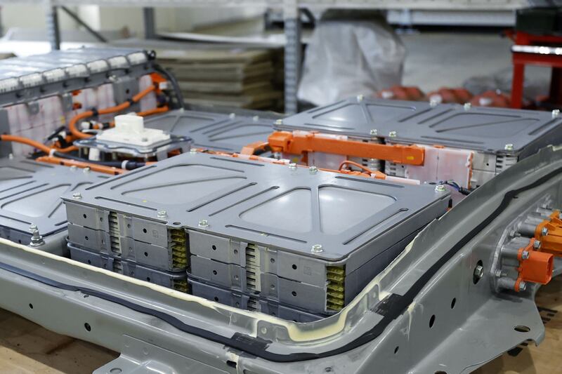 Modules of a used lithium-ion electric vehicle battery in a case at the 4R Energy Corp. factory in Namie, Fukushima Prefecture, Japan. Photograph: Kiyoshi Ota/Bloomberg