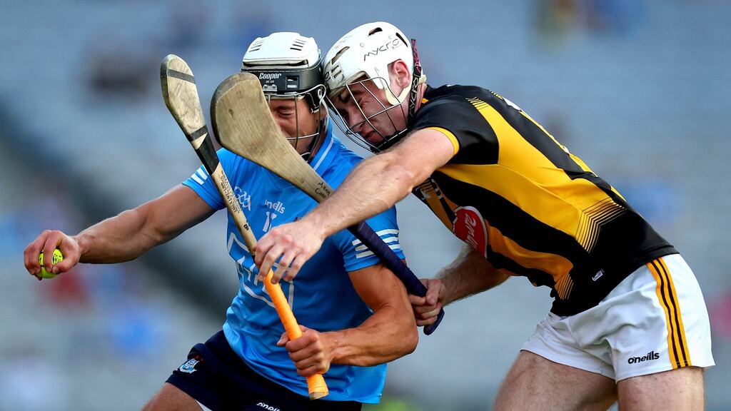 Dublin’s Cian Boland and Michael Carey of Kilkenny. Photograph: Ryan Byrne/Inpho