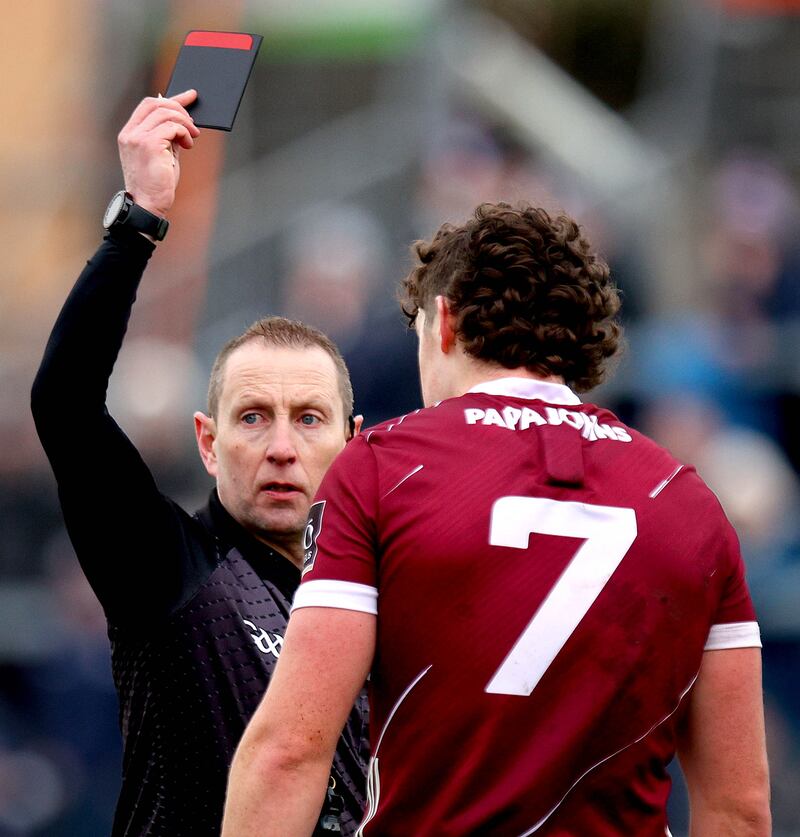 Galway’s Kieran Molloy is black carded by Referee Derek O'Mahoney. Photograph: Ryan Byrne/Inpho