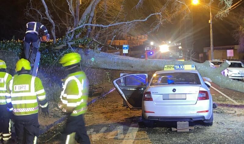A Waterford taxi driver escaped with minor injuries after a tree fell on his car in the Newtown area of the city in heavy winds caused by Storm Gerritt.