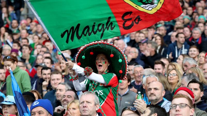 Flying the flag: a Mayo fan cheers on the team in the 2016 All-Ireland final replay against Dublin at Croke Park. Photograph: Ryan Byrne/Inpho