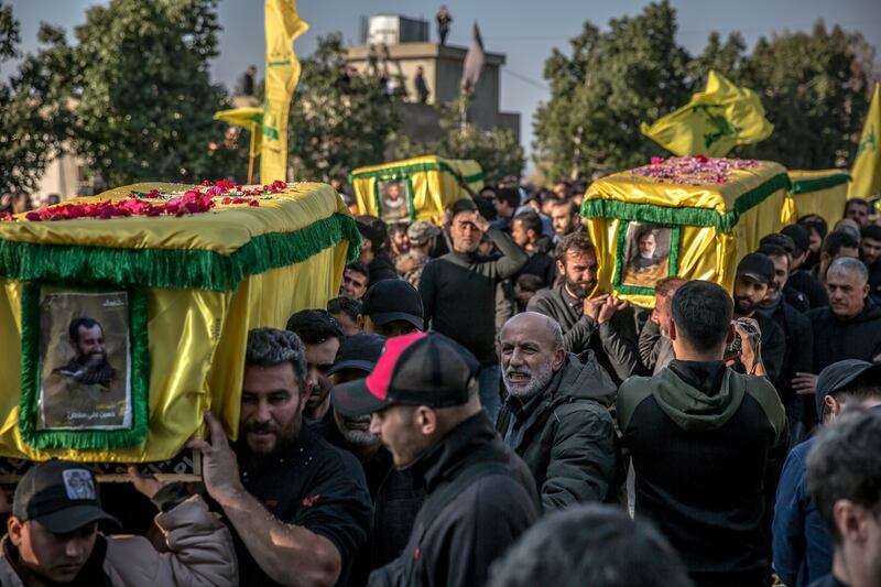 A funeral for five Hezbollah fighters took place in Souaneh village on Tuesday. Photograph: Sally Hayden.