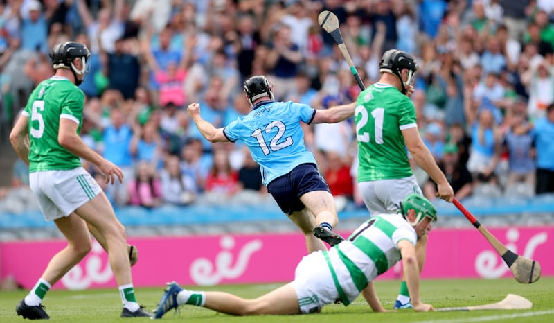 Cian O'Sullivan celebrates scoring a goal against Limerick in this year's All-Ireland quarter-final. Photograph: James Crombie/Inpho