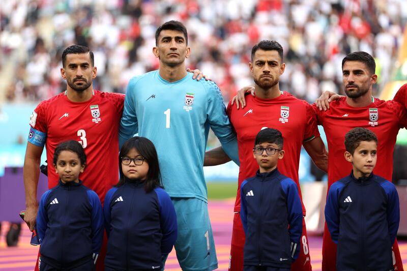 Iran players line up for the national anthem prior to the Fifa World Cup Qatar 2022 Group B match between England and IR Iran at Khalifa International Stadium on Tuesday in Doha, Qatar. Photograph: Julian Finney/Getty Images