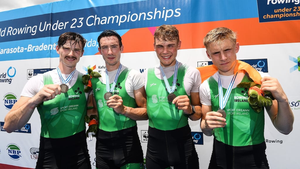 Ireland’s Miles Taylor, Ryan Ballantine, Hugh Sutton and Eoin Gaffney after winning bronze at the World Under-23 Championships in Sarasota-Bradenton, Florida. Photograph: Detlev Seyb/Inpho