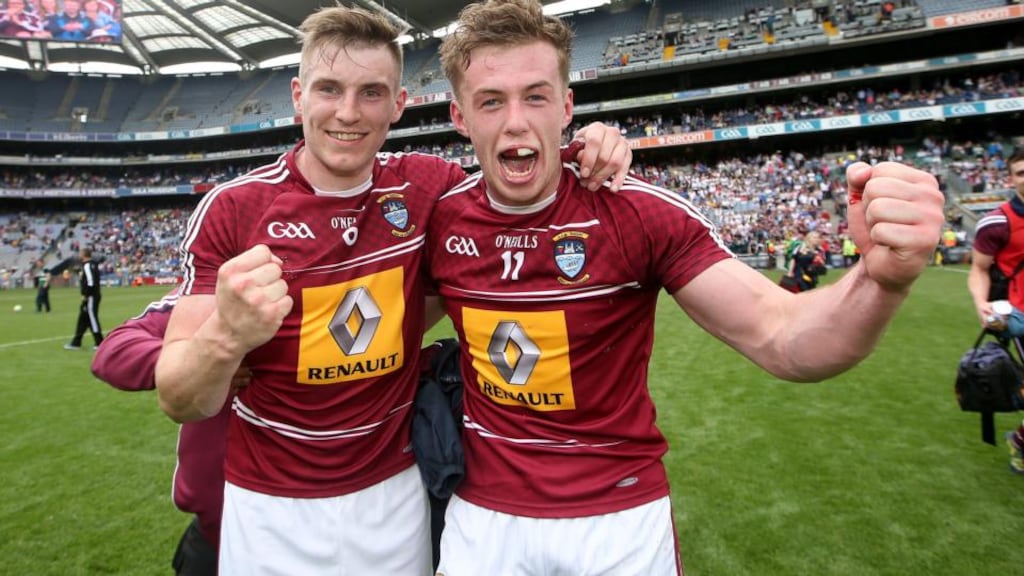 Kieran Martin and Ger Egan celebrate Westmeath’s thrilling win over rivals Meath. Photograph: James Crombie/Inpho