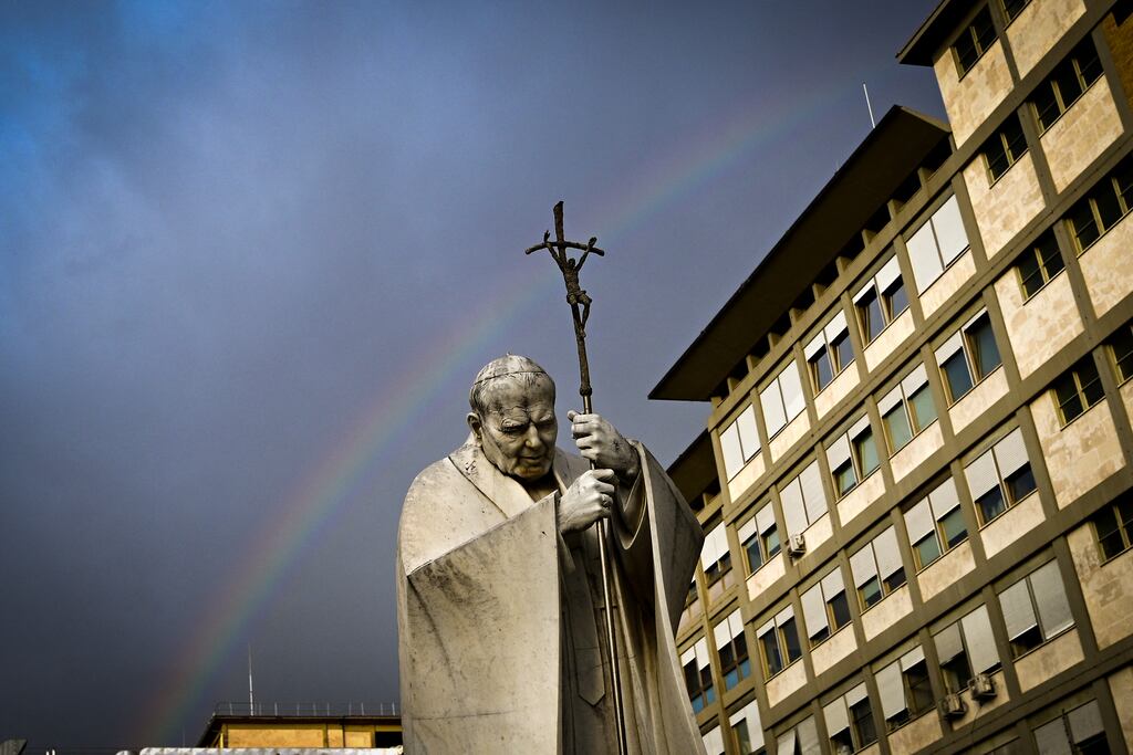 A statue of Pope John Paul II outside the Gemelli hospital in Rome, where Pope Francis is receiving treatment. Photograph: Tiziana Fabi/AFP via Getty Images