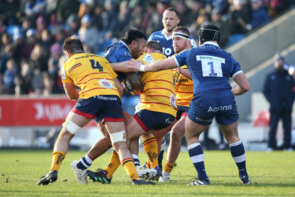 Andy Warwick was cited for his role in this collision with Manu Tuilagi. Photograph: Jan Kruger/Getty Images for Sale Sharks